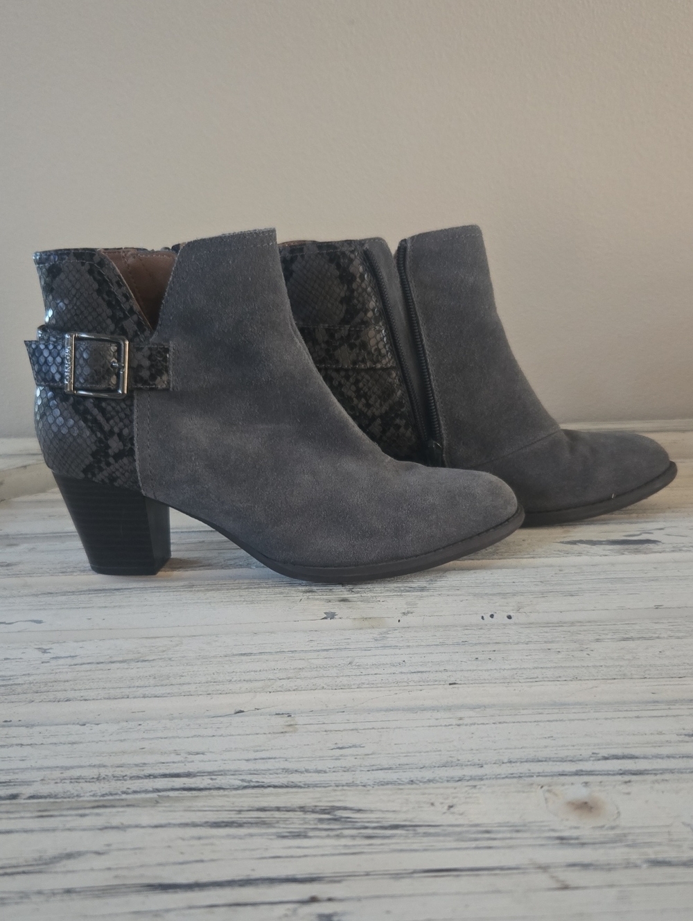 Vionic Gray Suede Ankle Booties with Snake-Print Heel